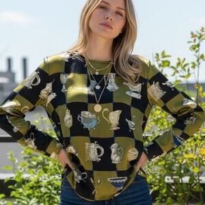 Vintage Ann May Silk Checkerboard Tea Kettle "Alice in Wonderland" Vibes Blouse